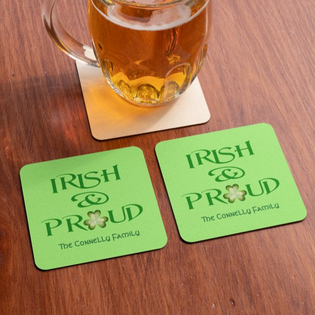 Irish and Proud Shamrock Personalized Square Paper Coaster (Creator Uploaded)