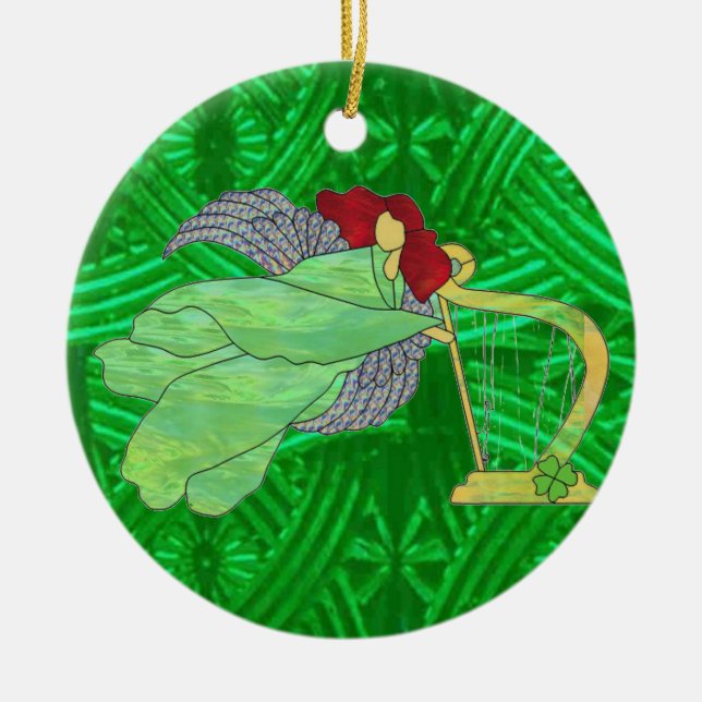 Irish Angel and Harp in Stained Glass Ceramic Ornament (Front)