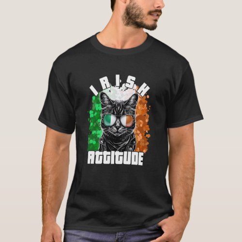 Irish Attitude Cat Sunglasses Ireland Flag T_Shirt