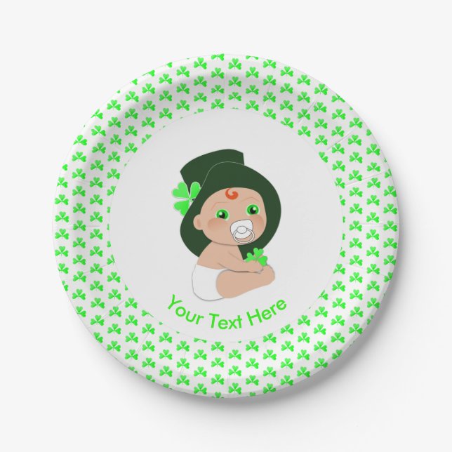 Irish Baby Leprechaun Lucky Shamrock Baby Shower Paper Plates (Front)