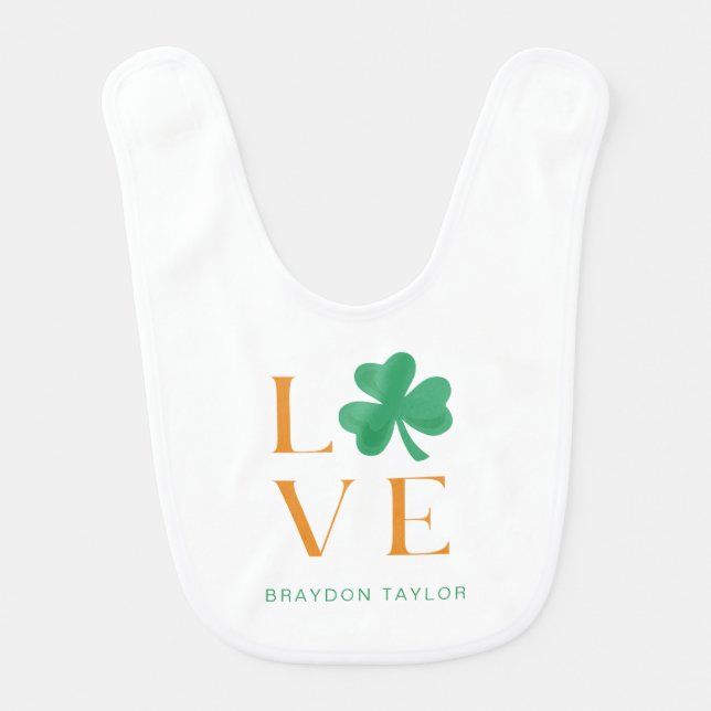 Irish Baby Love Shamrock Green and Orange Baby Bib (Front)