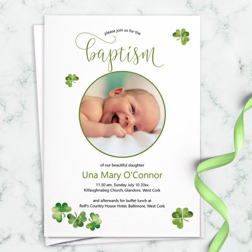 Irish Baby Photo Baptism With Green Shamrocks Thank You Card