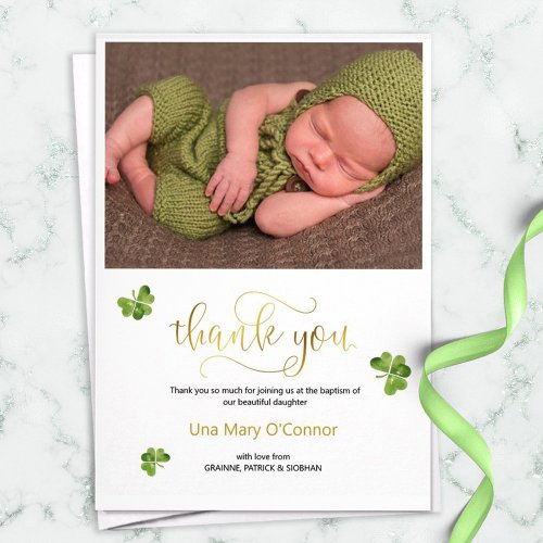 Irish Baby photo Thank You Card Gold Script