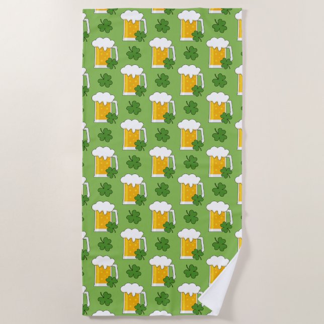 Irish Beer Mug with Shamrock Clover Pattern Beach Towel (Front)