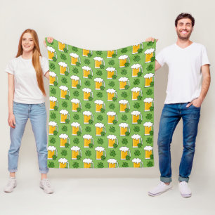 Irish Beer Mug with Shamrock Clover Pattern Fleece Blanket