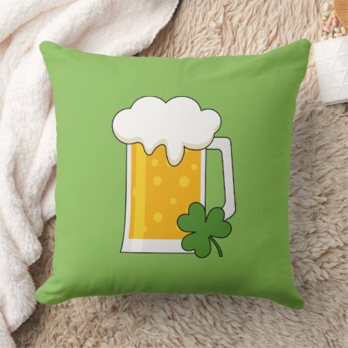 Irish Beer Mug with Shamrock Clover Throw Pillow