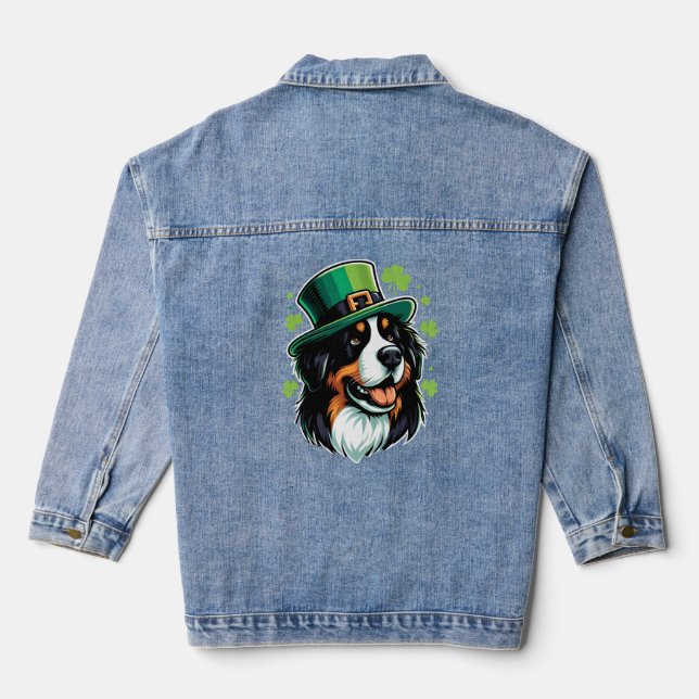 Irish Bernese Dog Leprechaun Hat St Patricks Day Denim Jacket (Back)