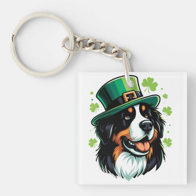 Irish Bernese Dog Leprechaun Hat St Patricks Day Keychain (Front)