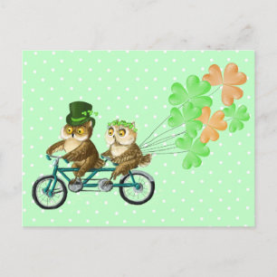 Irish bicyсle owls with clover baloons postcard
