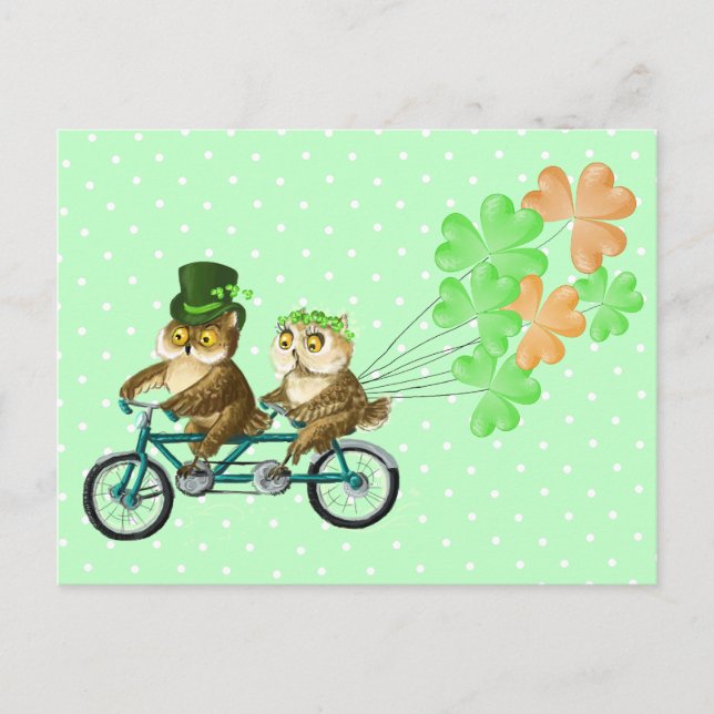 Irish bicyсle owls with clover baloons postcard (Front)