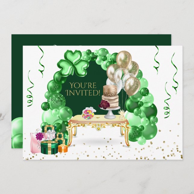 Irish Birthday Balloon Arch Green and Gold Party Invitation (Front/Back)