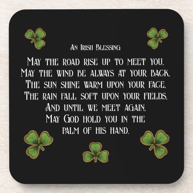 Irish Blessing and Shamrocks Black and Green Beverage Coaster (Front)