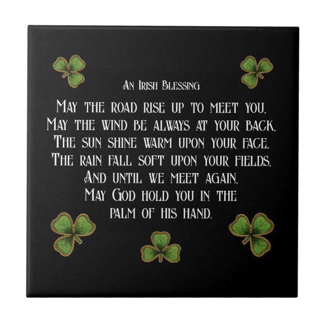 Irish Blessing and Shamrocks Black and Green Ceramic Tile (Front)