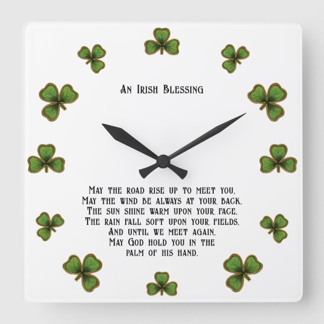 Irish Blessing and Shamrocks Black and Green Square Wall Clock (Front)