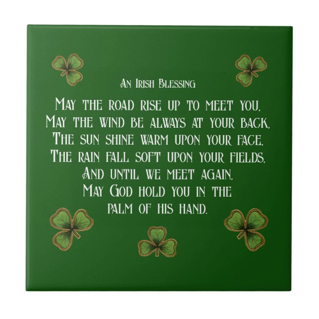 Irish Blessing and Shamrocks Dark Green Ceramic Tile (Front)