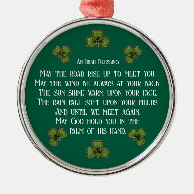Irish Blessing and Shamrocks Green Typography Metal Ornament (Front)