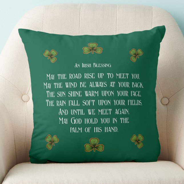 Irish Blessing and Shamrocks Green Typography Throw Pillow (Creator Uploaded)