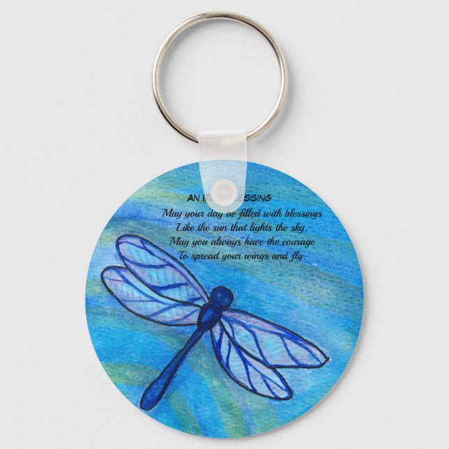 Irish Blessing Blue Dragonfly Inspirational Quote Keychain (Front)