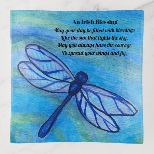 Irish Blessing Blue Dragonfly Inspirational Quote Trinket Tray