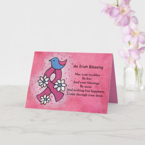 Irish Blessing Breast Cancer Pink Ribbon Blue Bird Card