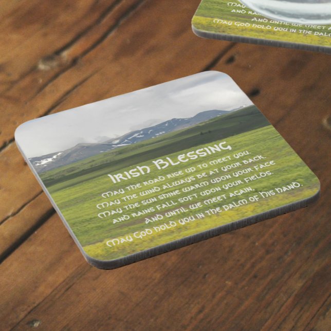 Irish Blessing Green Valley Landscape Beverage Coaster (In Situ Angled)