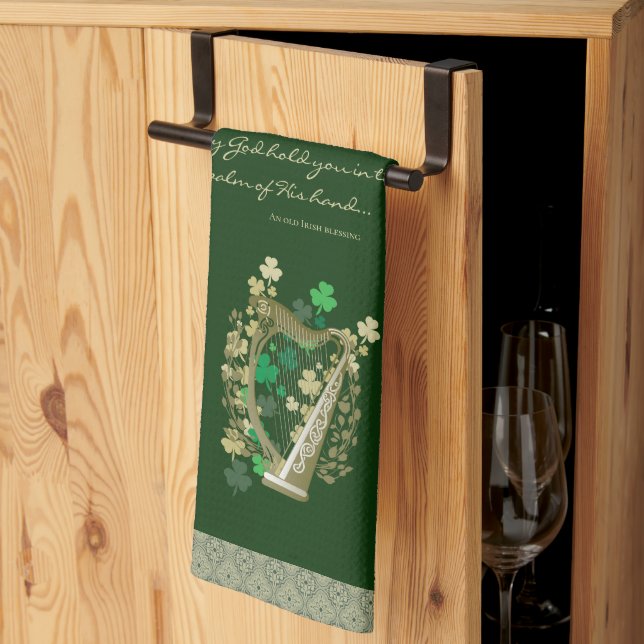 Irish Blessing Harp & Shamrocks  Kitchen Towel (Thirds Fold)