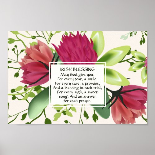 Irish Blessing Red Pink Green Clover Floral Poster