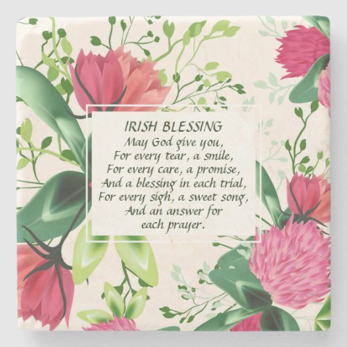 Irish Blessing Red Pink Green Clover Floral Stone Coaster
