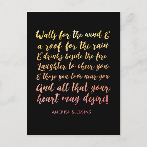 Irish Blessing Watercolor Typography Postcard Blk