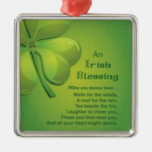 Irish Blessings Green Shamrock, Celtic Metal Ornament