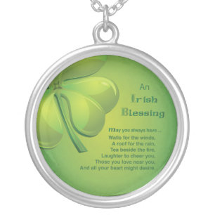 Irish Blessings Green Shamrock, Celtic Silver Plated Necklace