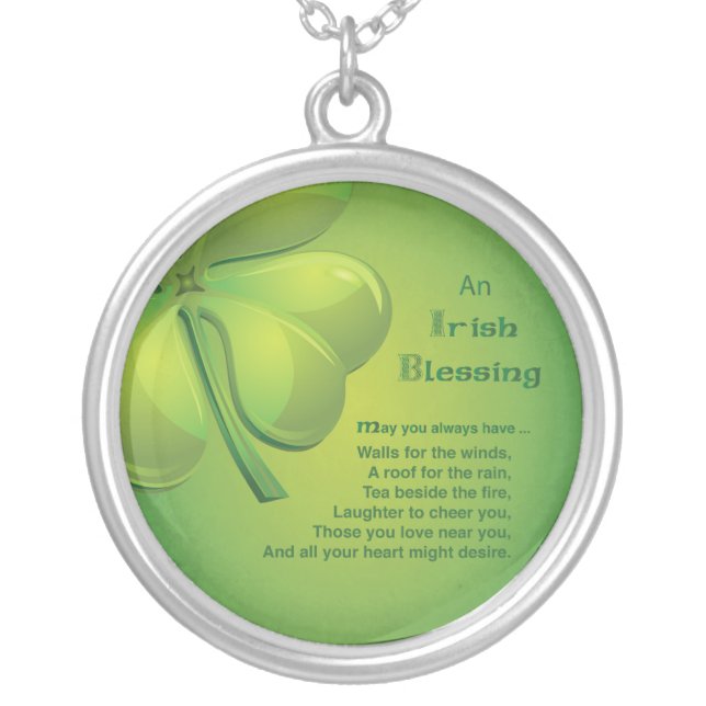 Irish Blessings Green Shamrock, Celtic Silver Plated Necklace (Front)