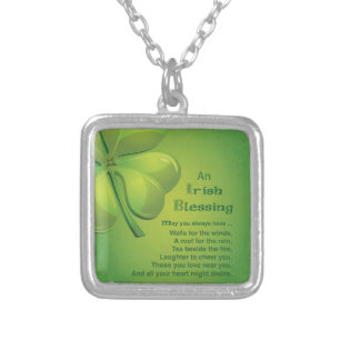 Irish Blessings Green Shamrock, Celtic Silver Plated Necklace