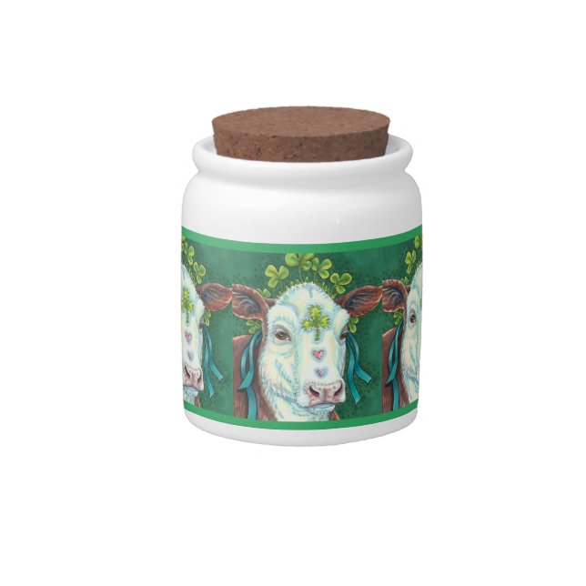 IRISH BRED ST. PATRICK'S DAY HEIFER, SHAMROCK COW CANDY JAR (Front)