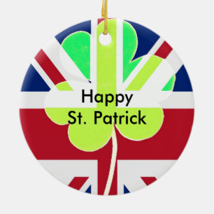 Irish British Flag Shamrock Clover St. Patrick UK Ceramic Ornament
