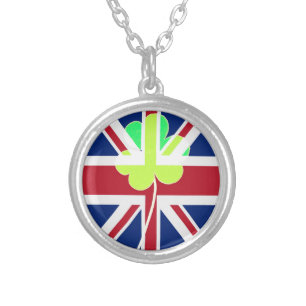 Irish British Flag Shamrock Clover St. Patrick UK Silver Plated Necklace