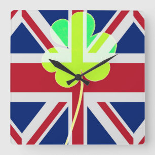 Irish British Flag Shamrock Clover St. Patrick UK Square Wall Clock