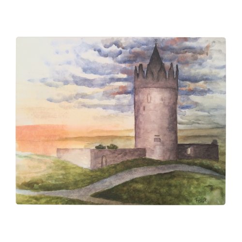 Irish castle and landscape watercolor painting metal print