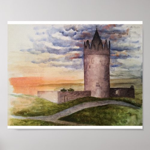 Irish castle and landscape watercolor painting poster
