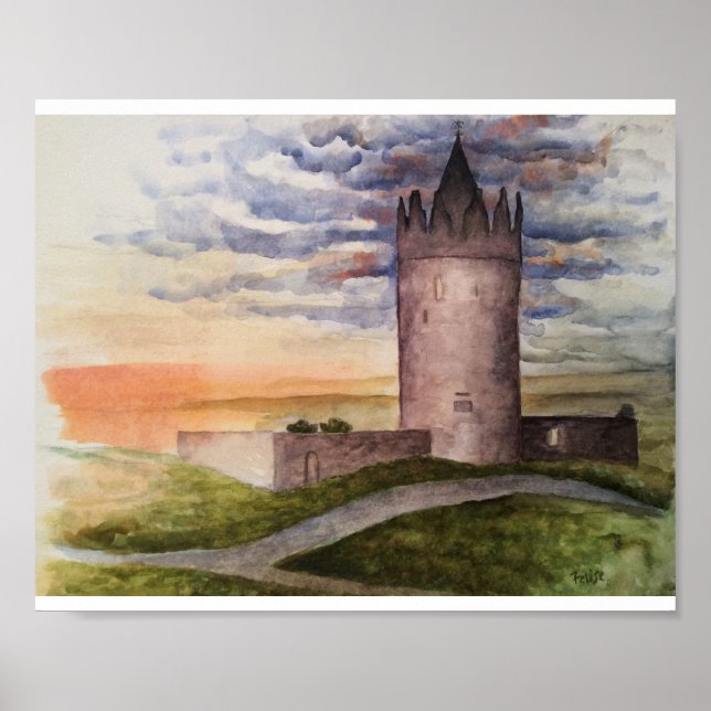 Irish Castle Landscape Watercolor Painting Poster (Front)
