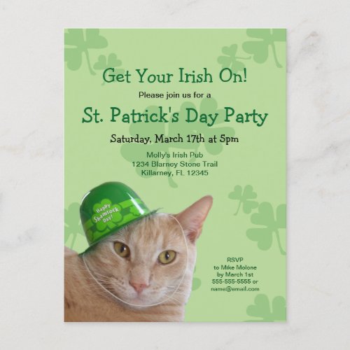 Irish Cat St Patricks Day Party Invite Post Card