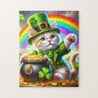 Irish Cat with Pot of Gold and Rainbow Puzzle