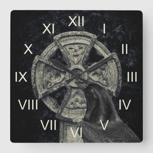 Irish Celtic Cross and Crow The Morrigan Square Wall Clock