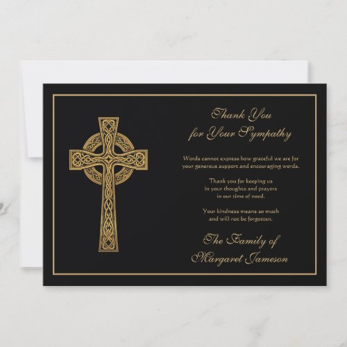 Irish Celtic Cross Black and Gold Condolence  Thank You Card