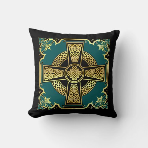 Irish Celtic crossblackgold aqua cross Celtic Throw Pillow