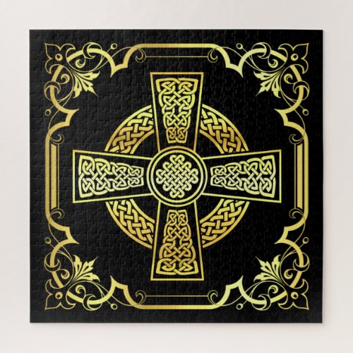Irish Celtic crossblackgoldblack fancy design Jigsaw Puzzle