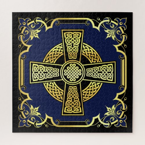 Irish Celtic crossblackgoldblue fancy design Jigsaw Puzzle