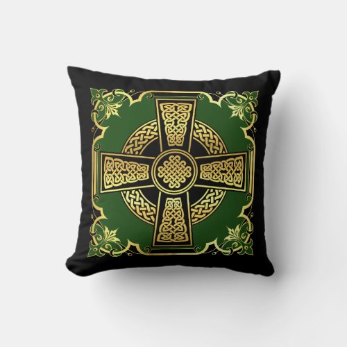 Irish Celtic crossblackgoldgreen cross Celtic Throw Pillow
