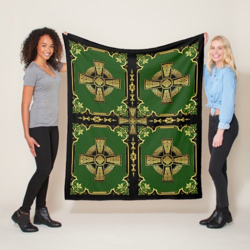 Irish Celtic crossblackgoldgreen cross design Fleece Blanket