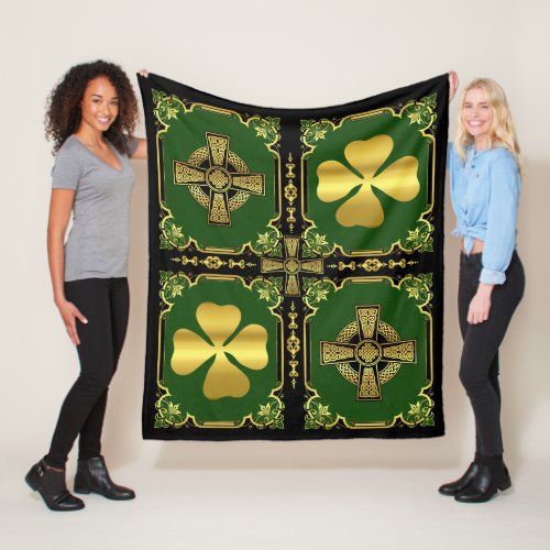 Irish Celtic crossblackgoldgreen cross shamrock Fleece Blanket